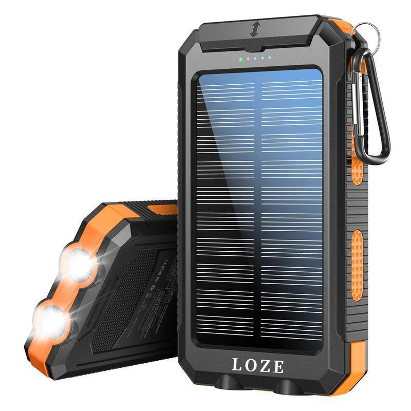LOZE Solar Charger Power Bank 10000Mah Solar Phone Charger, Portable Charger Fast Charger Dual USB Ports Built-In LED Flashlight and Compass, IP65 Waterproof Portable Power Bank for Outdoor Activities